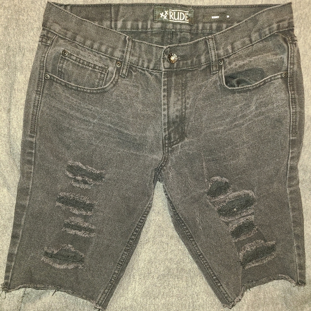 RUDE Skinny Black Destroyed Mens Jean Shorts sz 34